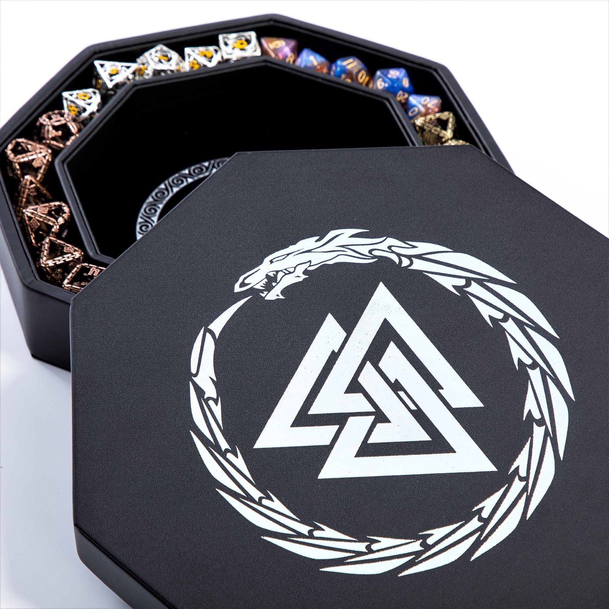 DND Dice Tray Silver 3 Interlocked Triangles (Valknut) and Dragon Design