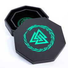 Load image into Gallery viewer, DND Dice Tray Green 3 Interlocked Triangles (Valknut) and Dragon Design
