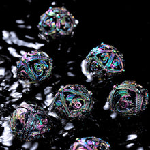 Load image into Gallery viewer, Unique 7-Piece Round Hollow Orb Metal Dice Set - Dragon Design
