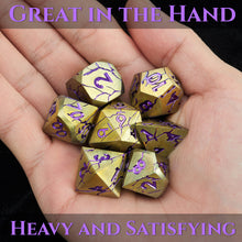 Load image into Gallery viewer, DND Metal Dice - Pharaoh Ruins Gold Metal Dice with Purple Cracks
