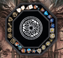 Load image into Gallery viewer, DND Dice Tray Silver 3 Interlocked Triangles (Valknut) and Dragon Design
