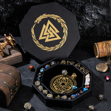 Load image into Gallery viewer, DND Dice Tray Gold 3 Interlocked Triangles (Valknut) and Dragon Design
