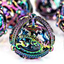 Load image into Gallery viewer, Unique 7-Piece Round Hollow Orb Metal Dice Set - Dragon Design Dragon (Rainbow)
