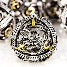 Load image into Gallery viewer, Unique 7-Piece Round Hollow Orb Metal Dice Set - Dragon Design
